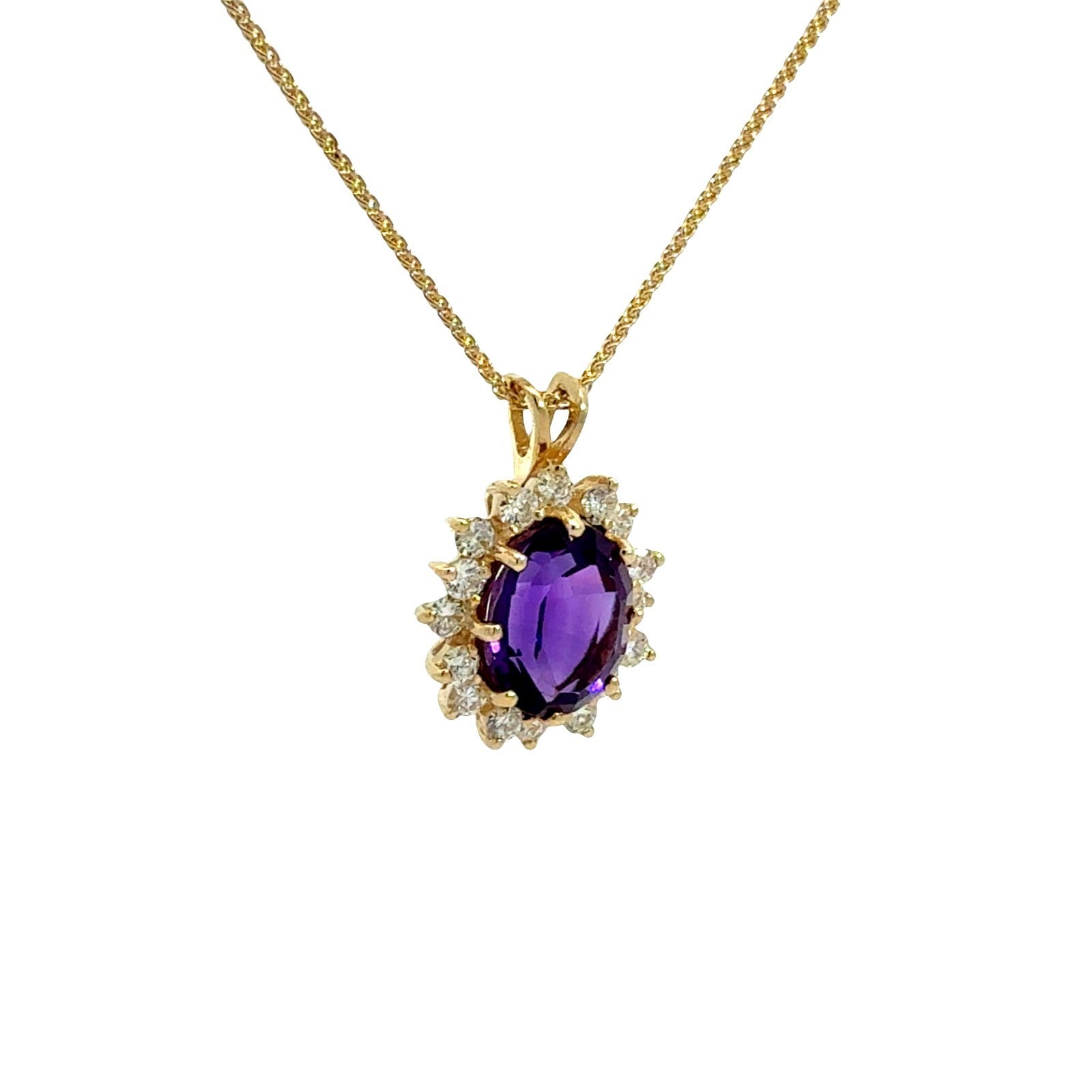 14K Yellow Gold 2.41tcw Oval-Cut Amethyst 0.48cttw Diamond Halo Pendant Necklace2