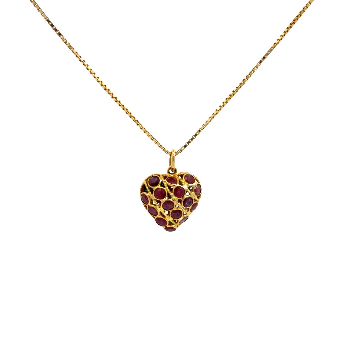 Vintage 18k Stamped Yellow Gold Heart Pendant Necklace with Ruby and Sapphire3