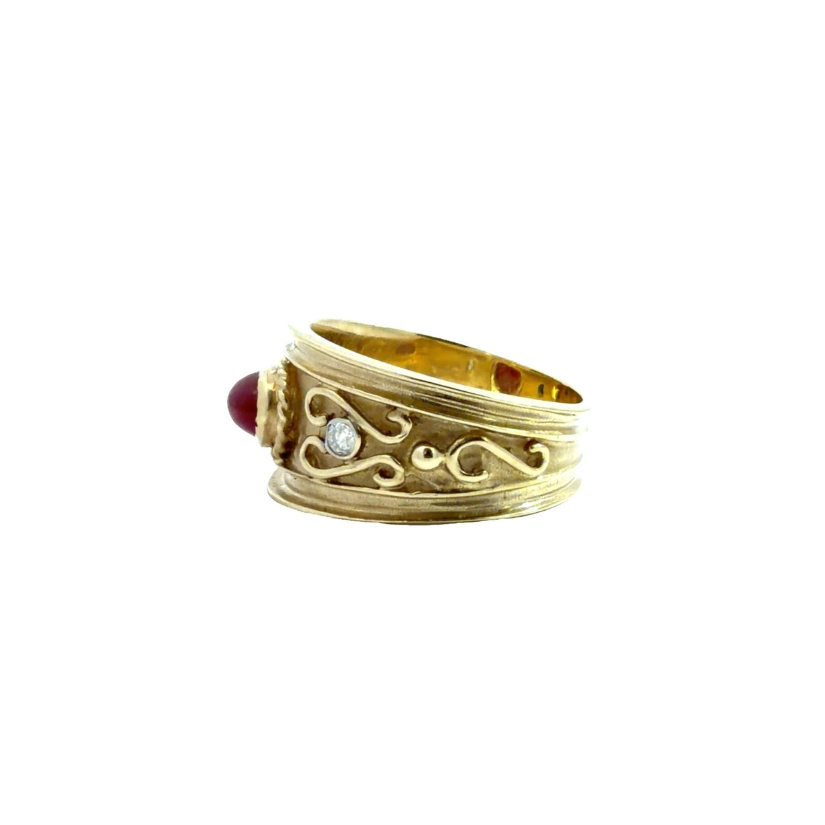 Vintage 14k Yellow Gold 0.25tcw Cabochon Ruby & 0.09cttw Diamond Scrollwork Band3