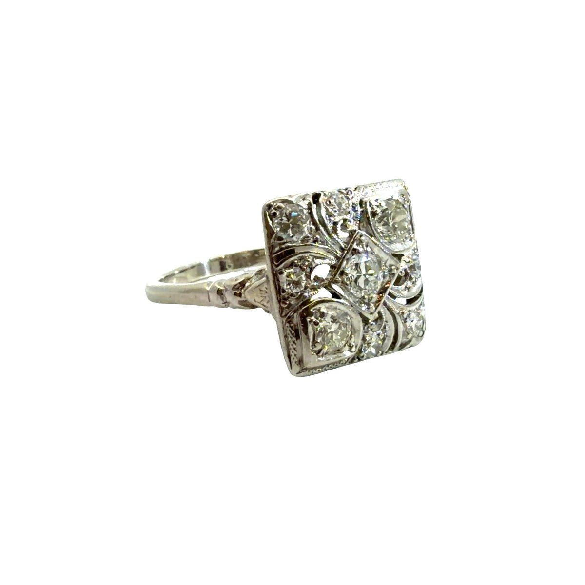 Vintage Art Deco White Gold 0.73cttw Diamond Filigree Cocktail Ring Size 81