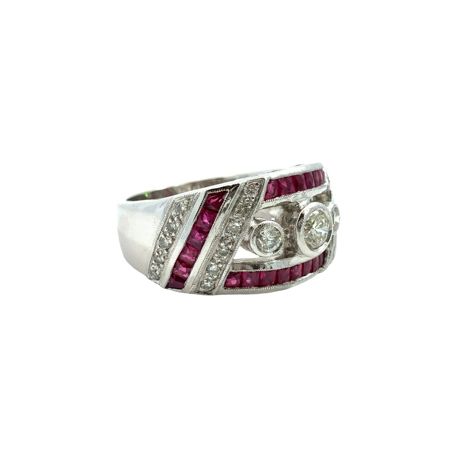 18k White Gold Art Deco Style 0.37cttw Diamond & 0.54cttw Ruby Ring Size 70