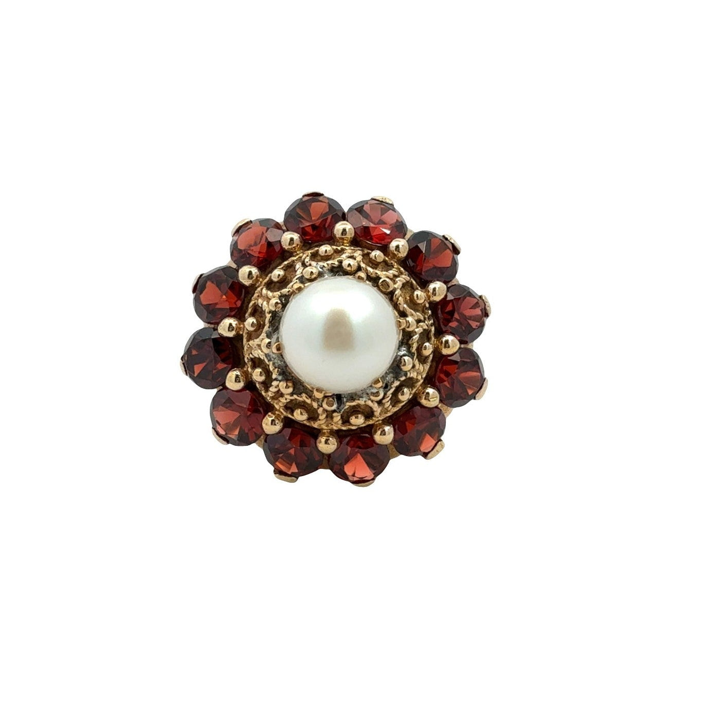 Vintage 14k Yellow Gold Stamped Pearl & 4.68cttw Garnet Halo Cocktail Ring0