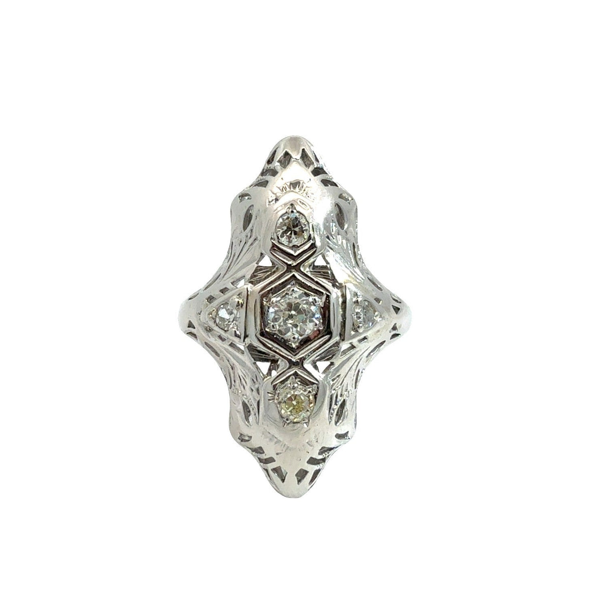 Vintage Art Deco 18k White Gold 0.32ctw Euro Cut Diamonds Navette Ring Size 60