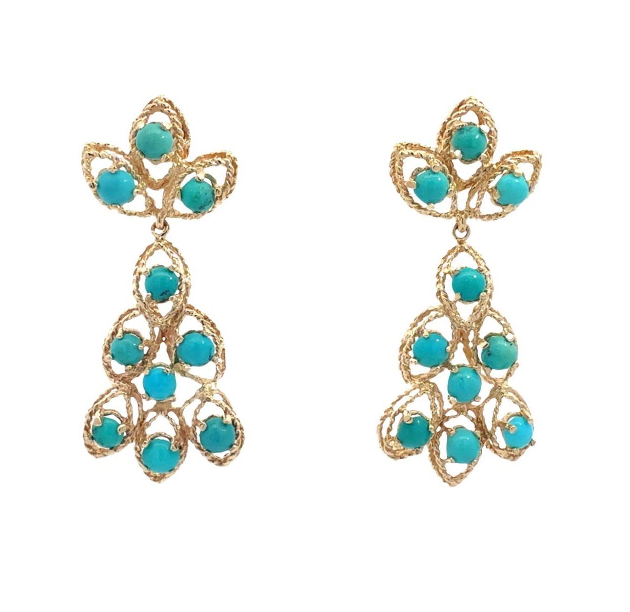14k Yellow Gold Stamped Filigree and Turquoise Drop Earrings0