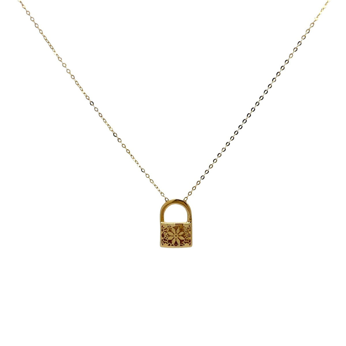 14k Yellow Gold Floral Openwork Padlock Pendant Neclace1