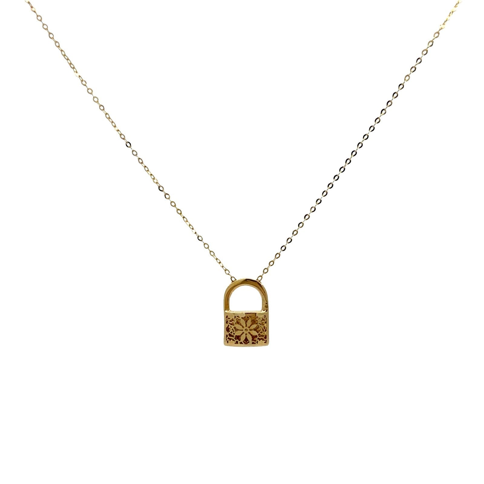 14k Yellow Gold Floral Openwork Padlock Pendant Neclace1