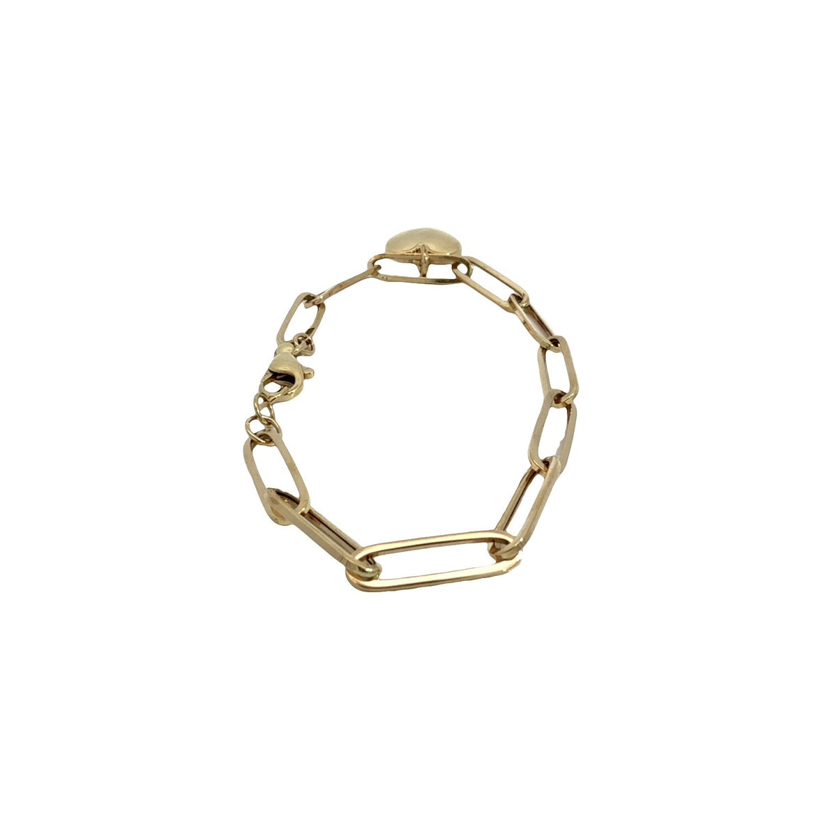 14k Yellow Gold Paperclip Chain Heart Charm Bracelet 7.5"4