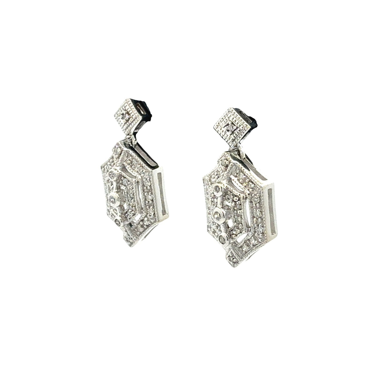 14k White Gold and 0.42cttw Diamond Geometric Art Deco Style Dangle Earrings1