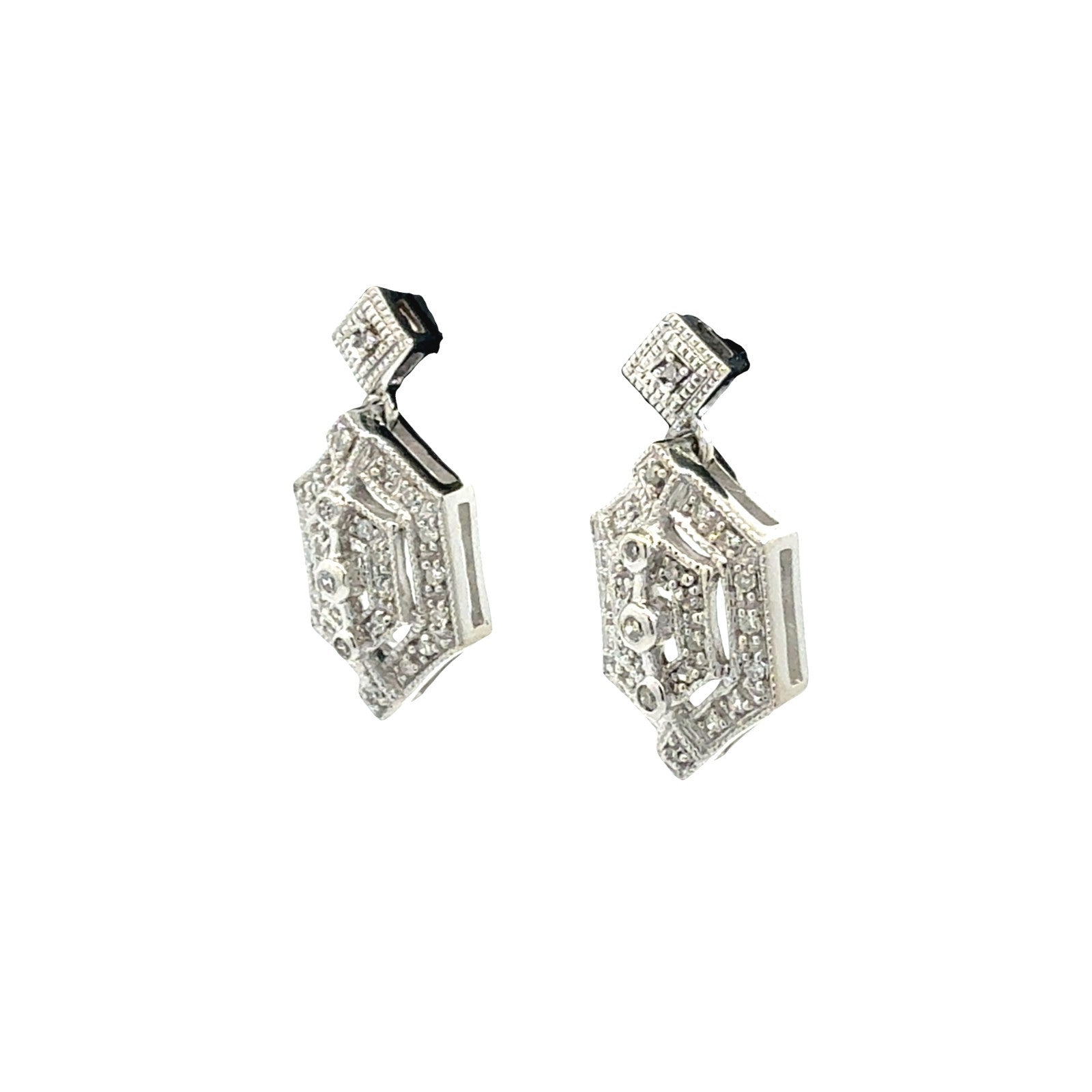 14k White Gold and 0.42cttw Diamond Geometric Art Deco Style Dangle Earrings1
