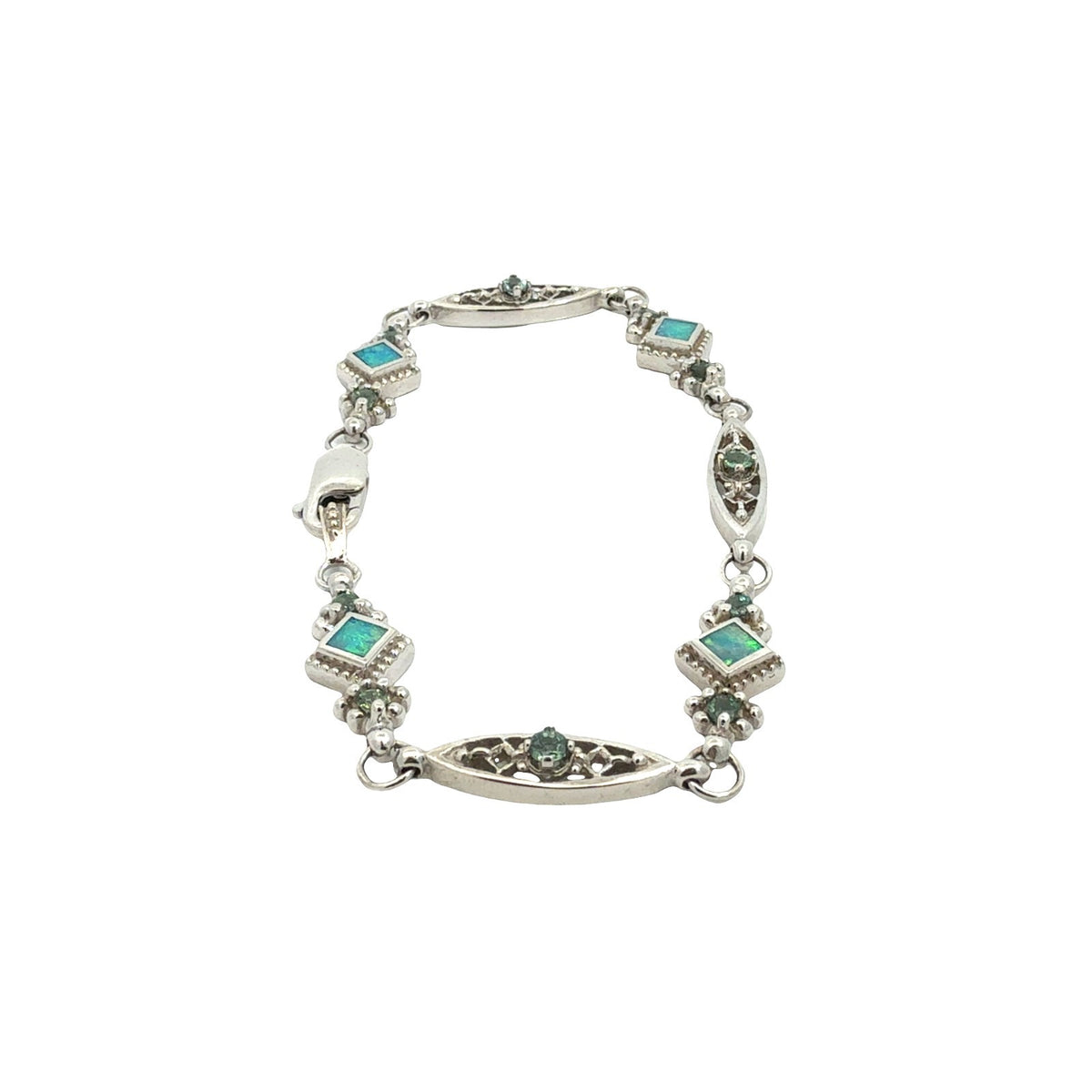 Vintage 14k White Gold Opal 0.77cttw Chrysoberyl Ornate Filigree Link Bracelet2