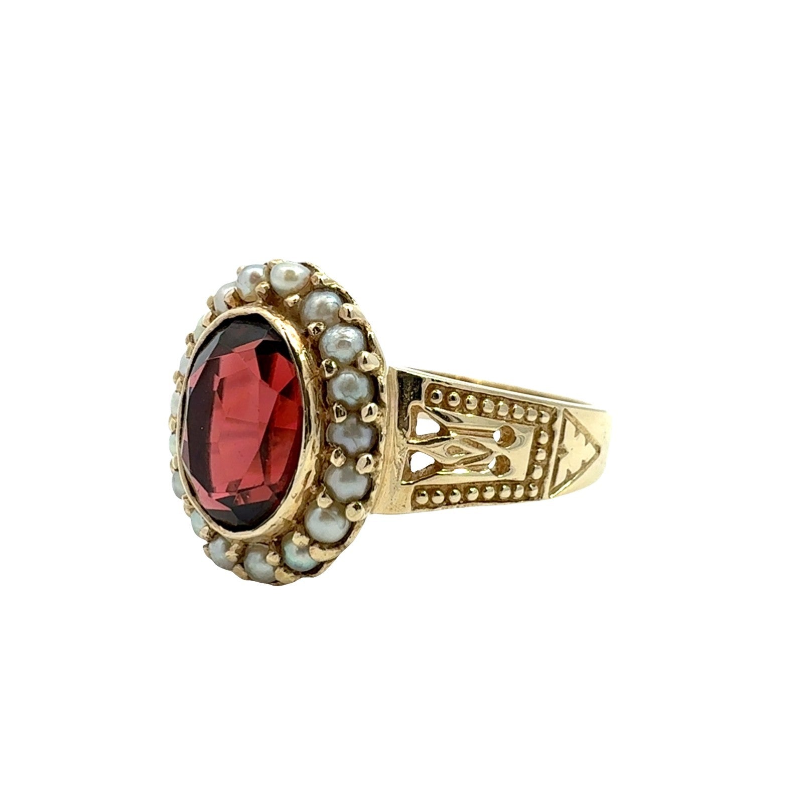 Vintage 14k Yellow Gold 2.30tcw Oval Garnet and Pearl Halo Cocktail Ring5