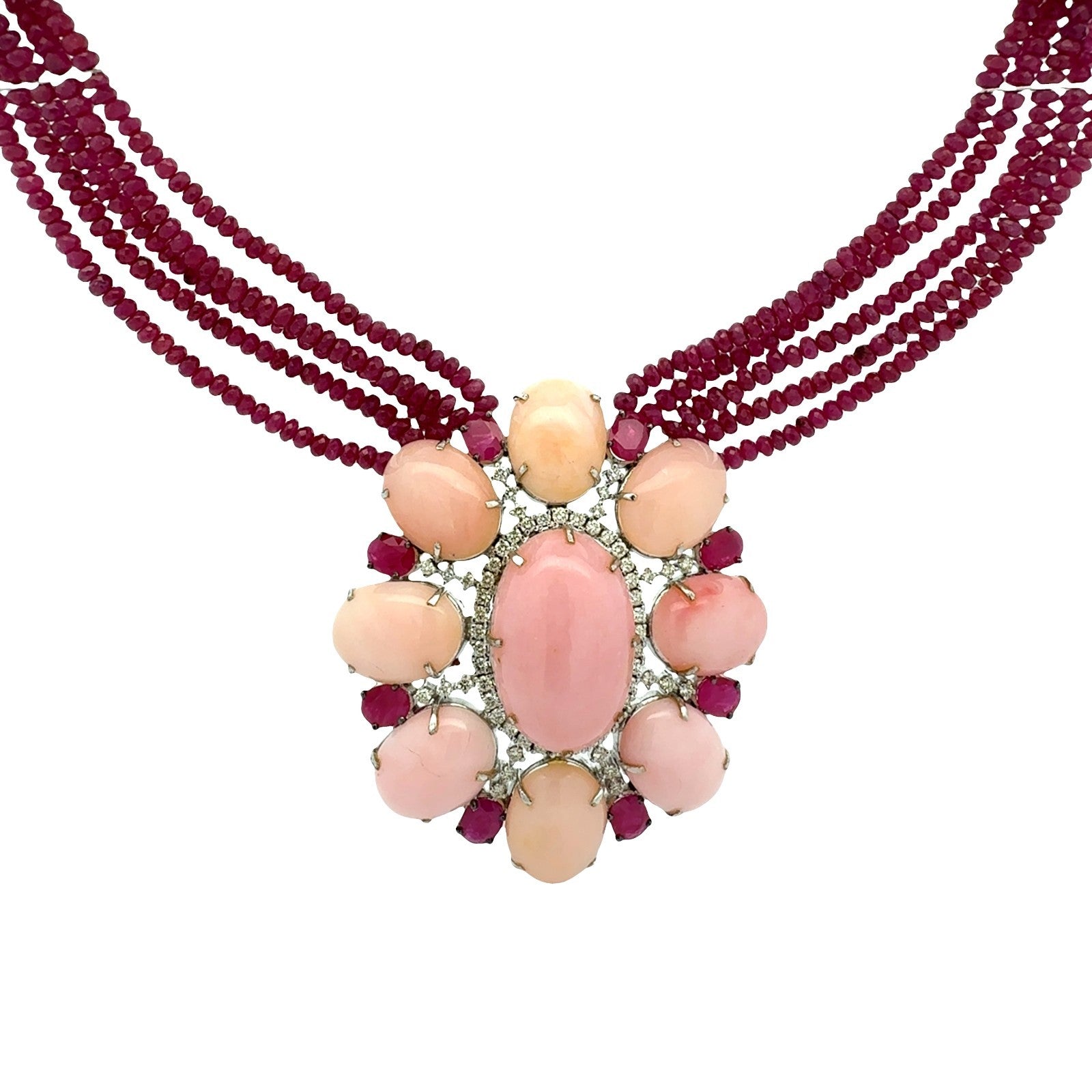 18k White Gold Opal 2.10cttw Diamond 9.76cttw Ruby Multi-Strand Beaded Necklace0