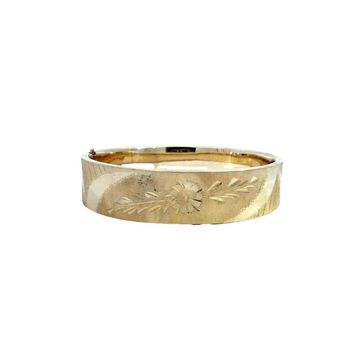 Vintage 13k Yellow Gold Etched Floral Motif Hinged Bangle Bracelet3