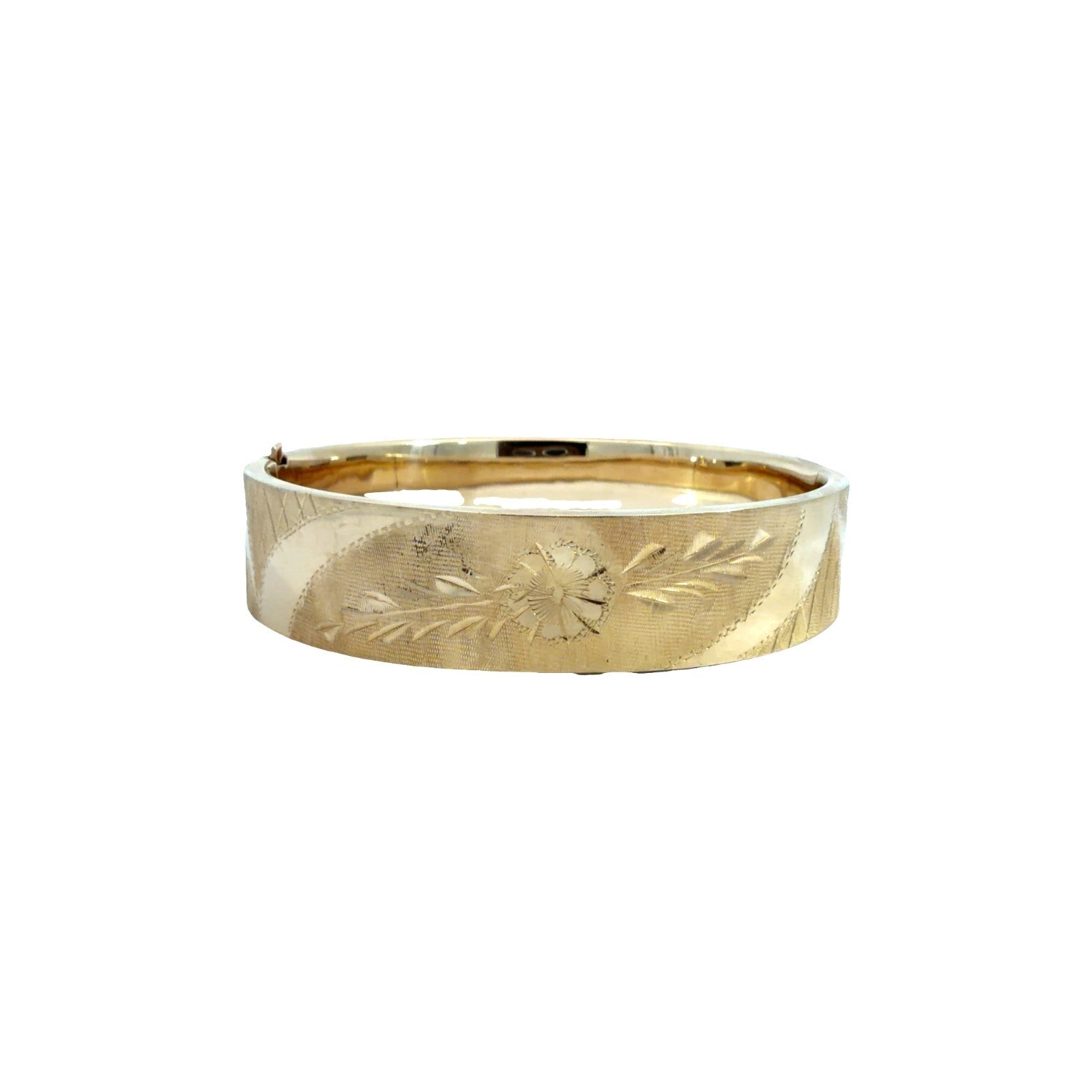Vintage 13k Yellow Gold Etched Floral Motif Hinged Bangle Bracelet3