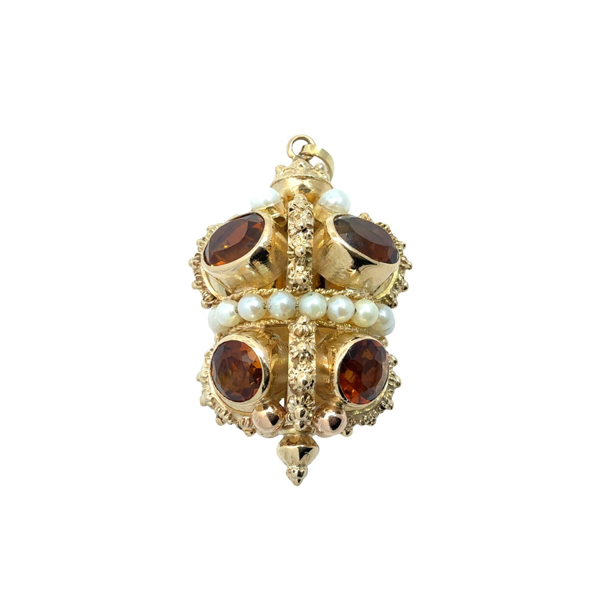 Vintage 18k Yellow Gold Stamped 11.16cttw Citrine and Pearl Ornate Crown Pendant6