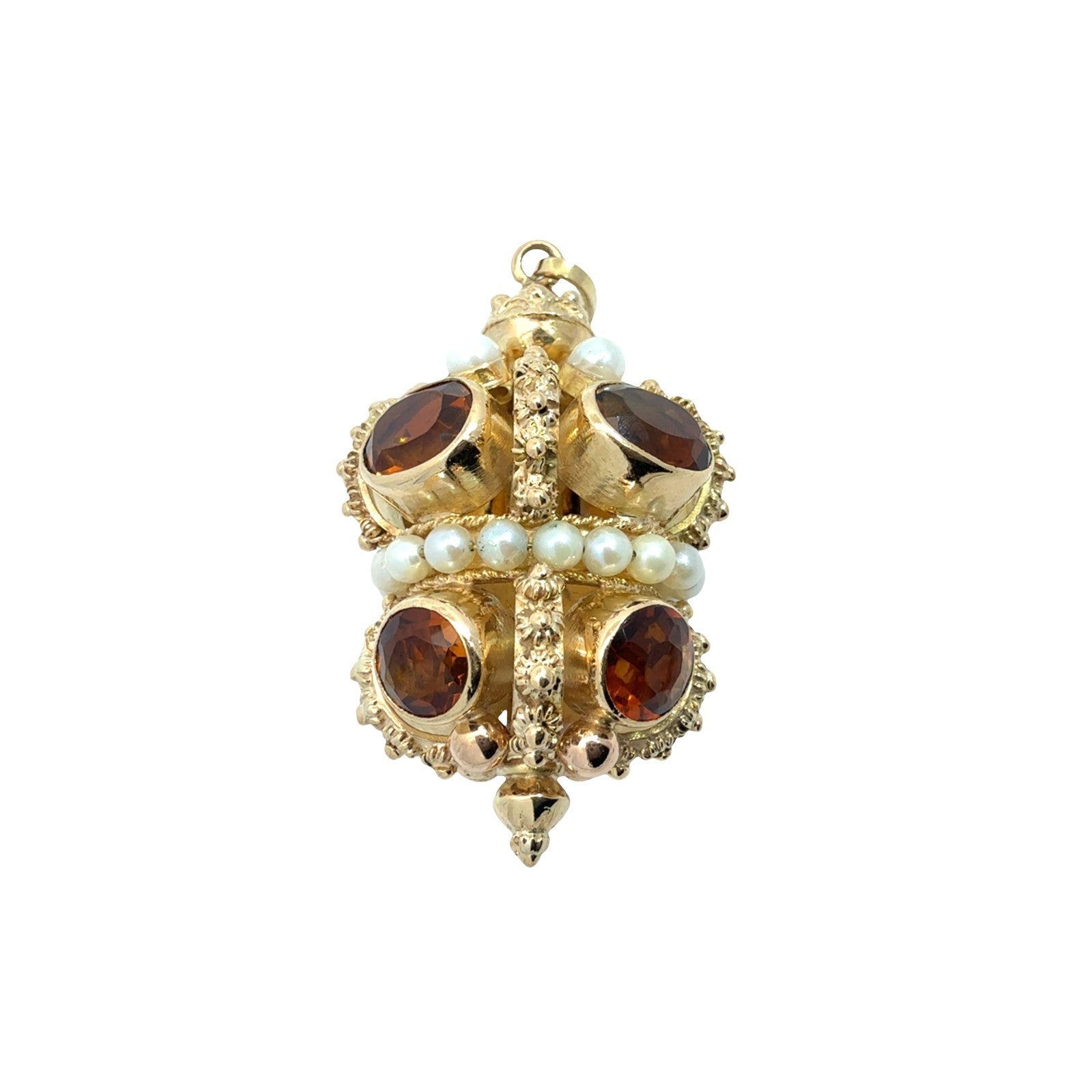 Vintage 18k Yellow Gold Stamped 11.16cttw Citrine and Pearl Ornate Crown Pendant6
