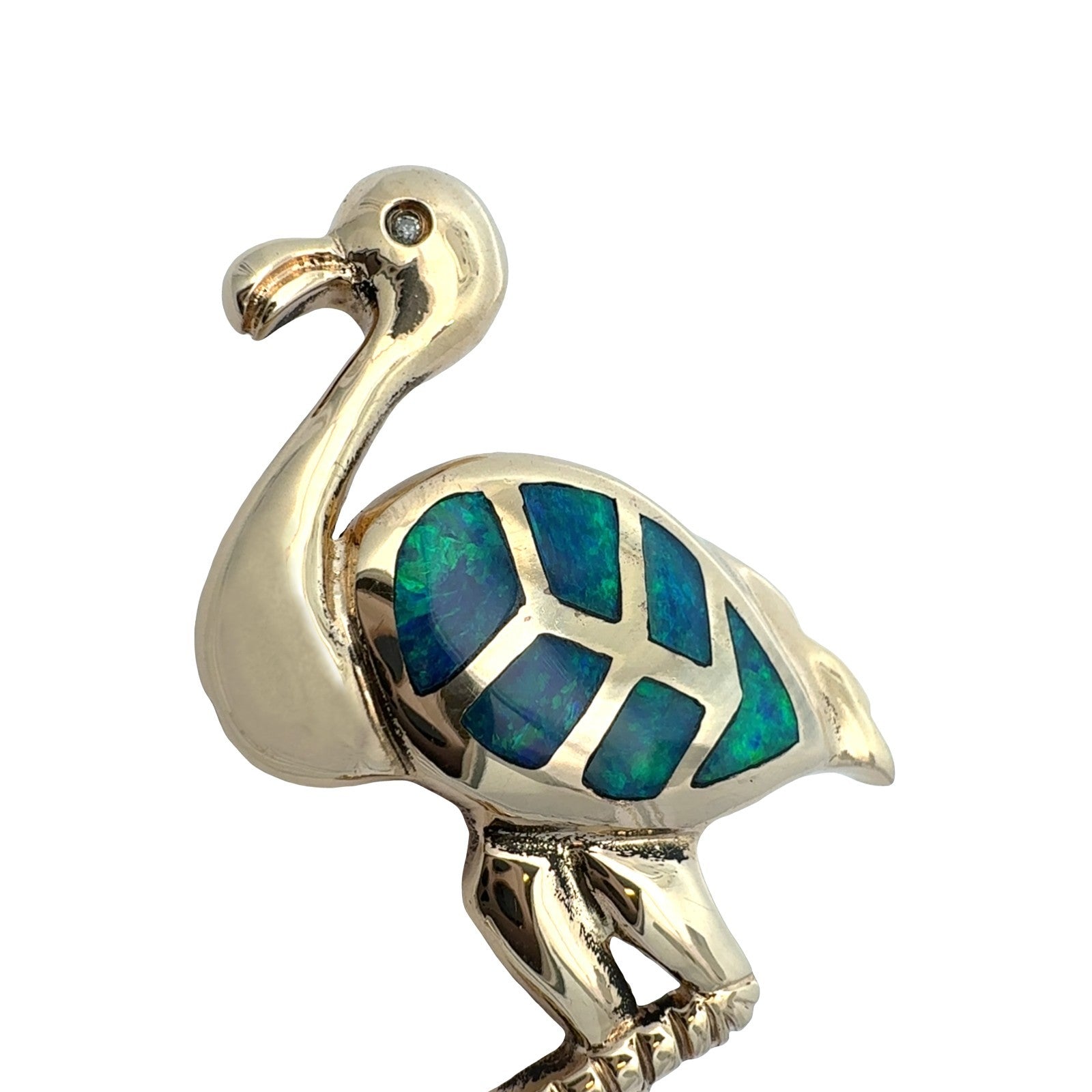 Vintage 14k Yellow Gold Opal Inlay & 0.01tcw Diamond Flamingo Pin/Pendant1