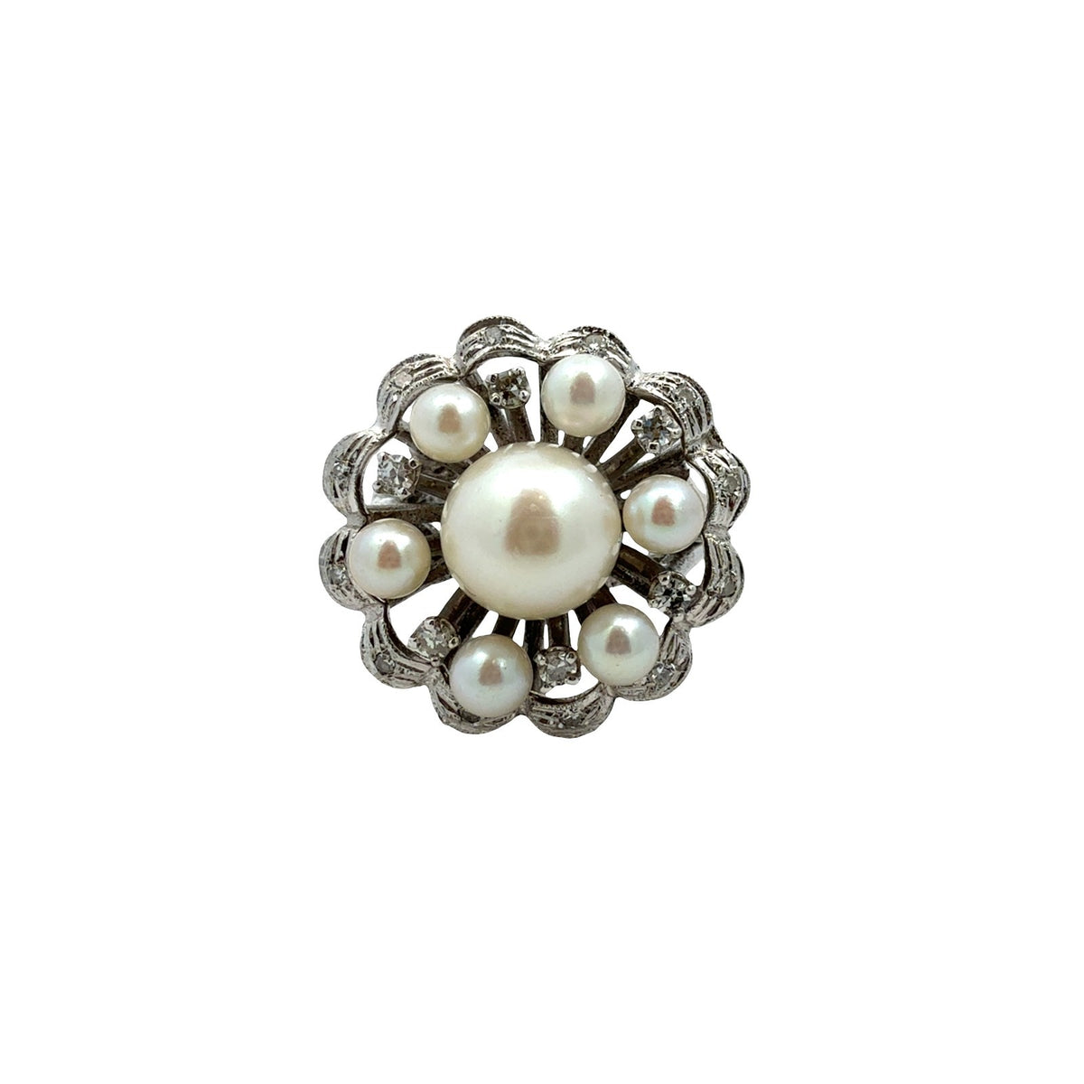 Kimberly Vintage 14k White Gold Stamped Pearl &amp; 0.18cttw Diamond Cocktail Ring0