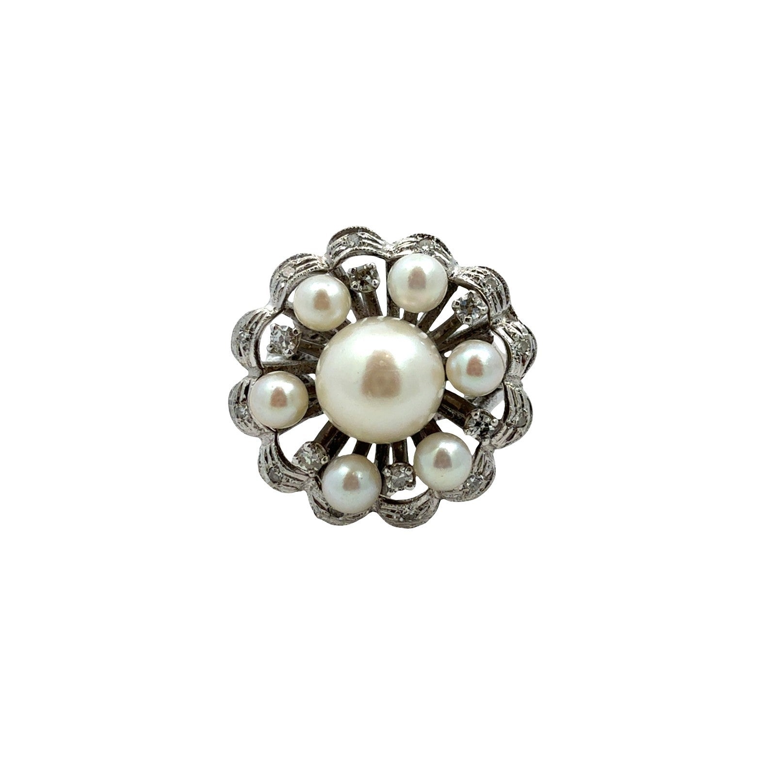 Kimberly Vintage 14k White Gold Stamped Pearl & 0.18cttw Diamond Cocktail Ring0