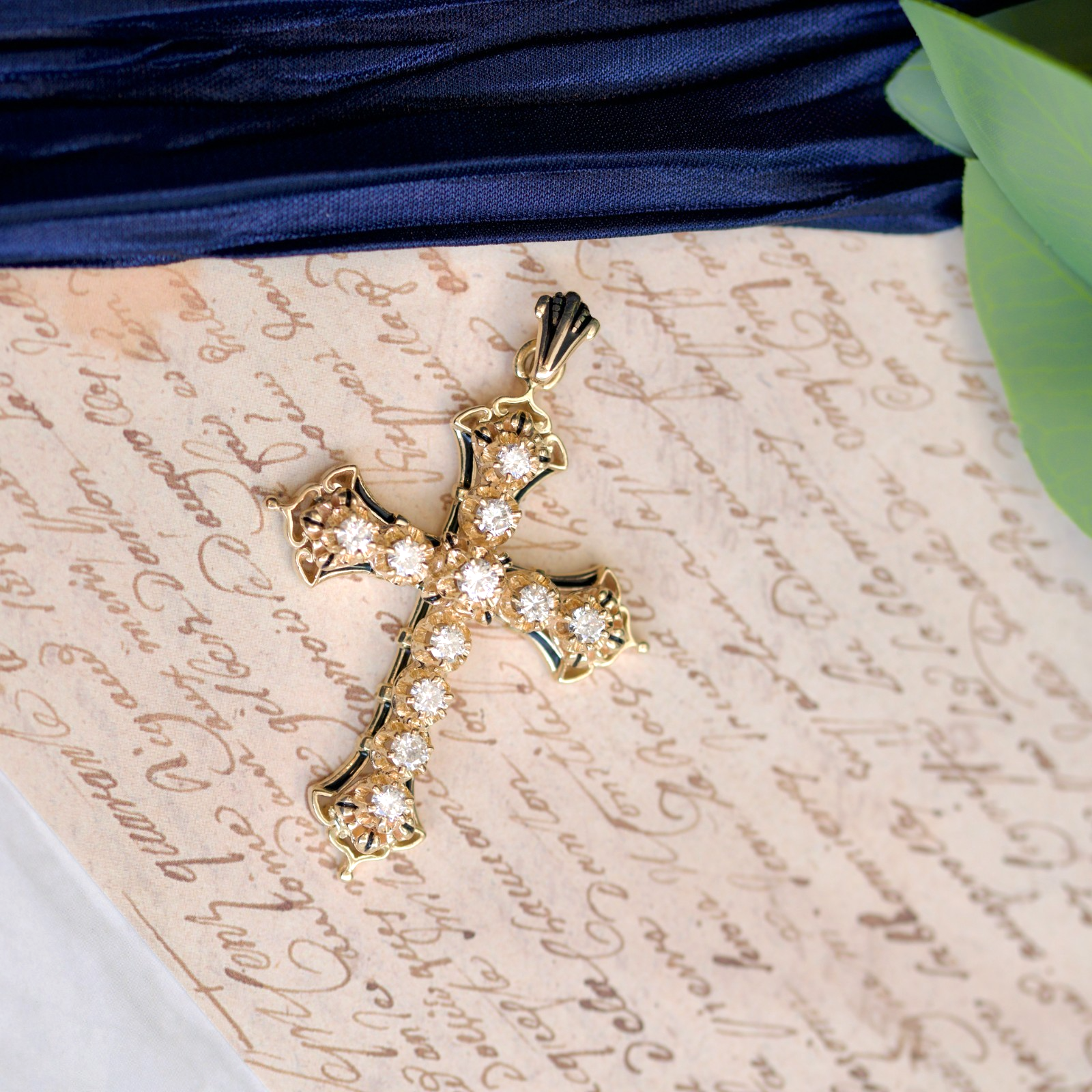 14k Yellow Gold 1.82cttw Diamond and Enamel Ornate Cross Pendant0