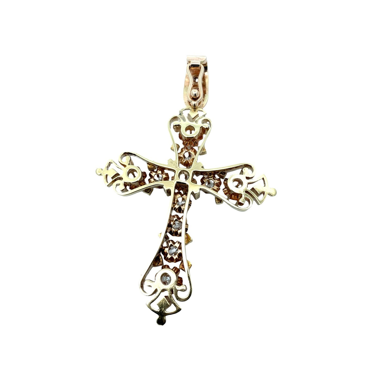 Vintage 14k Yellow Gold Enamel and 2.18cttw Diamond Filigree Cross Pendant5
