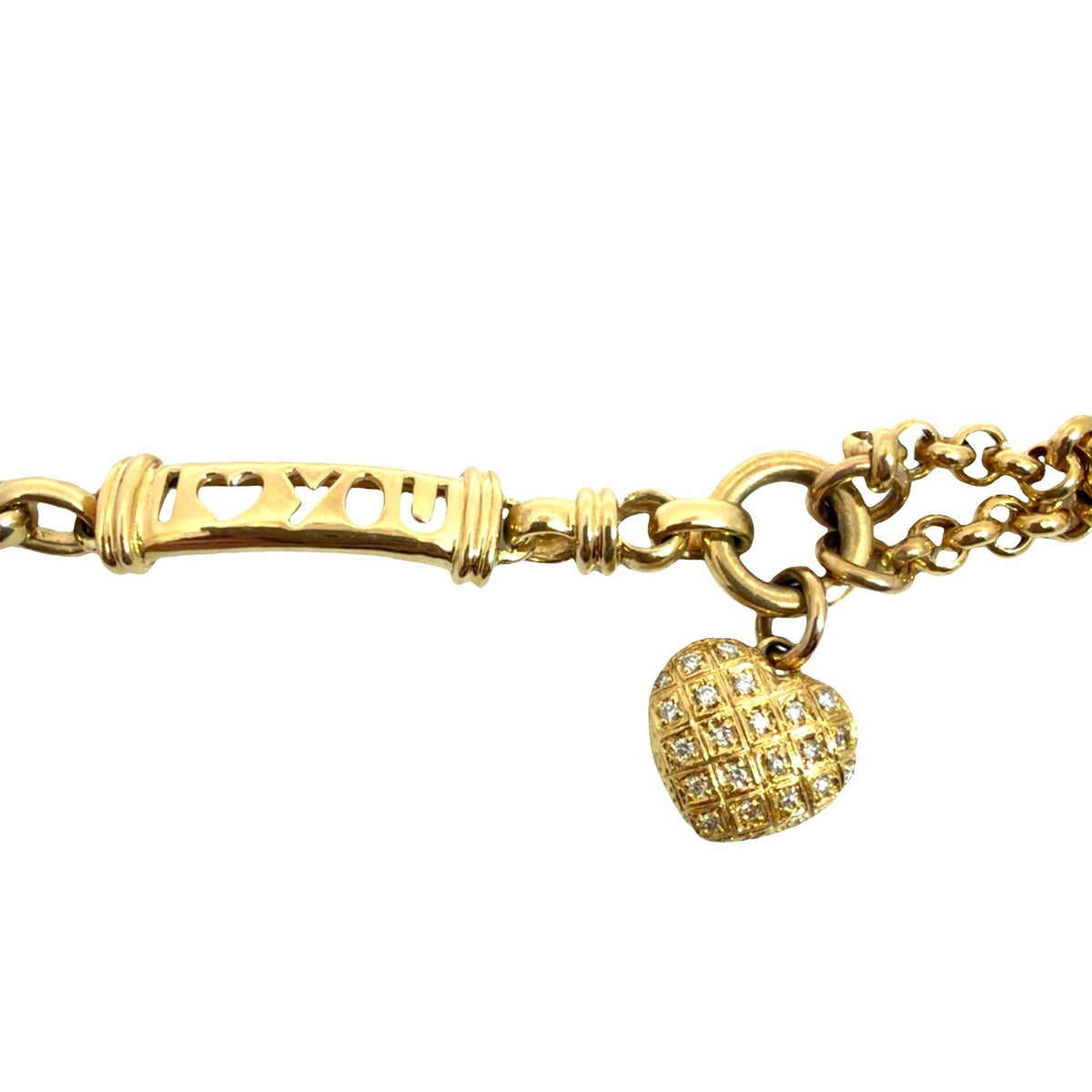 18k Yellow Gold I Love You Heart Charm Diamond Chain Bracelet 6.5 in2