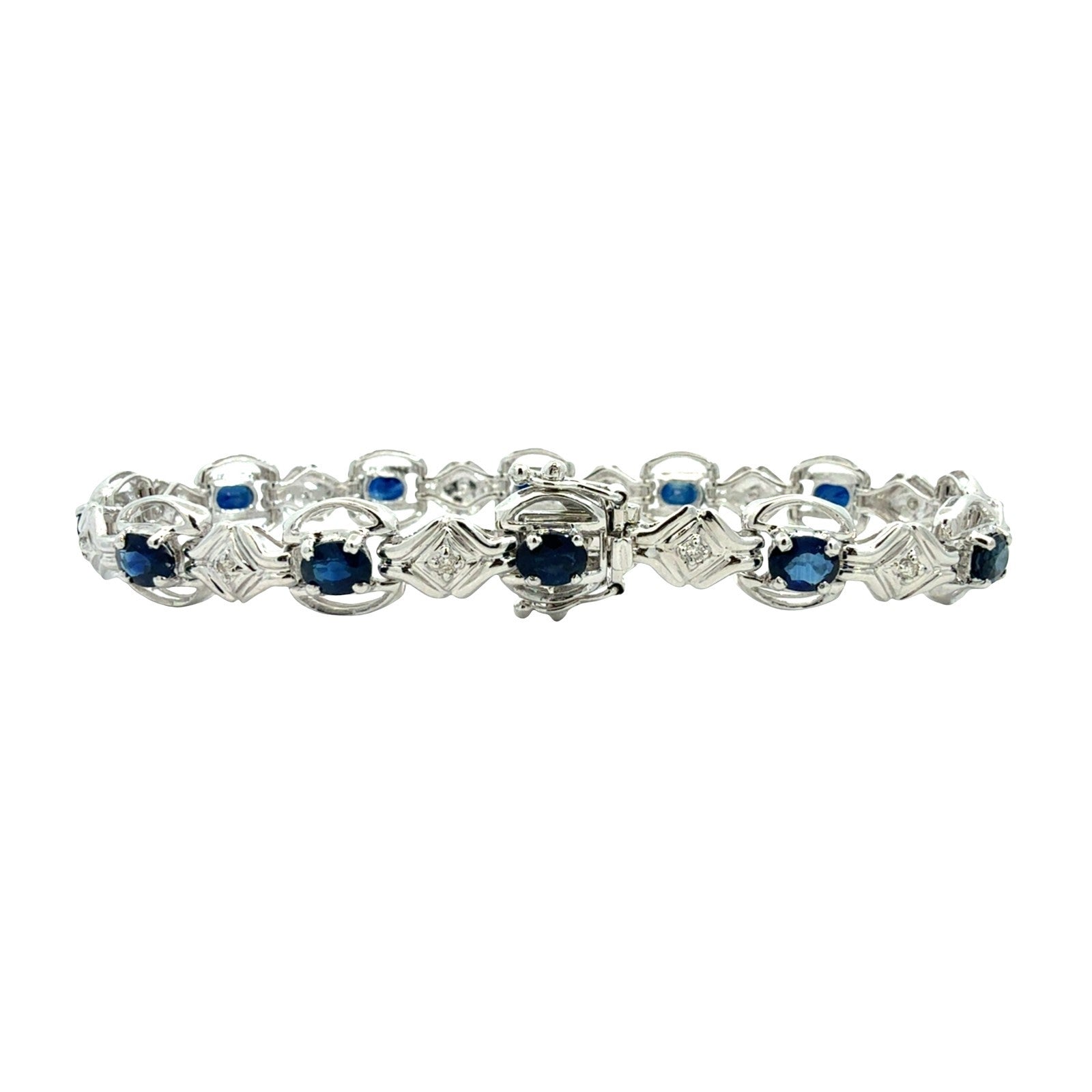 14k White Gold 0.14cttw Diamond and 4.56cttw Sapphire Link Bracelet2