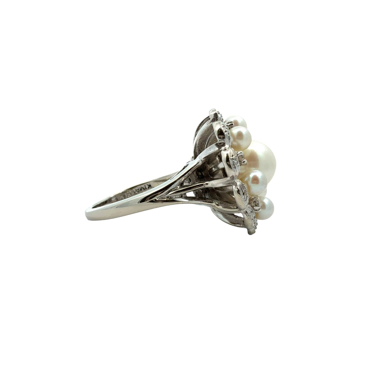 Kimberly Vintage 14k White Gold Stamped Pearl & 0.18cttw Diamond Cocktail Ring2