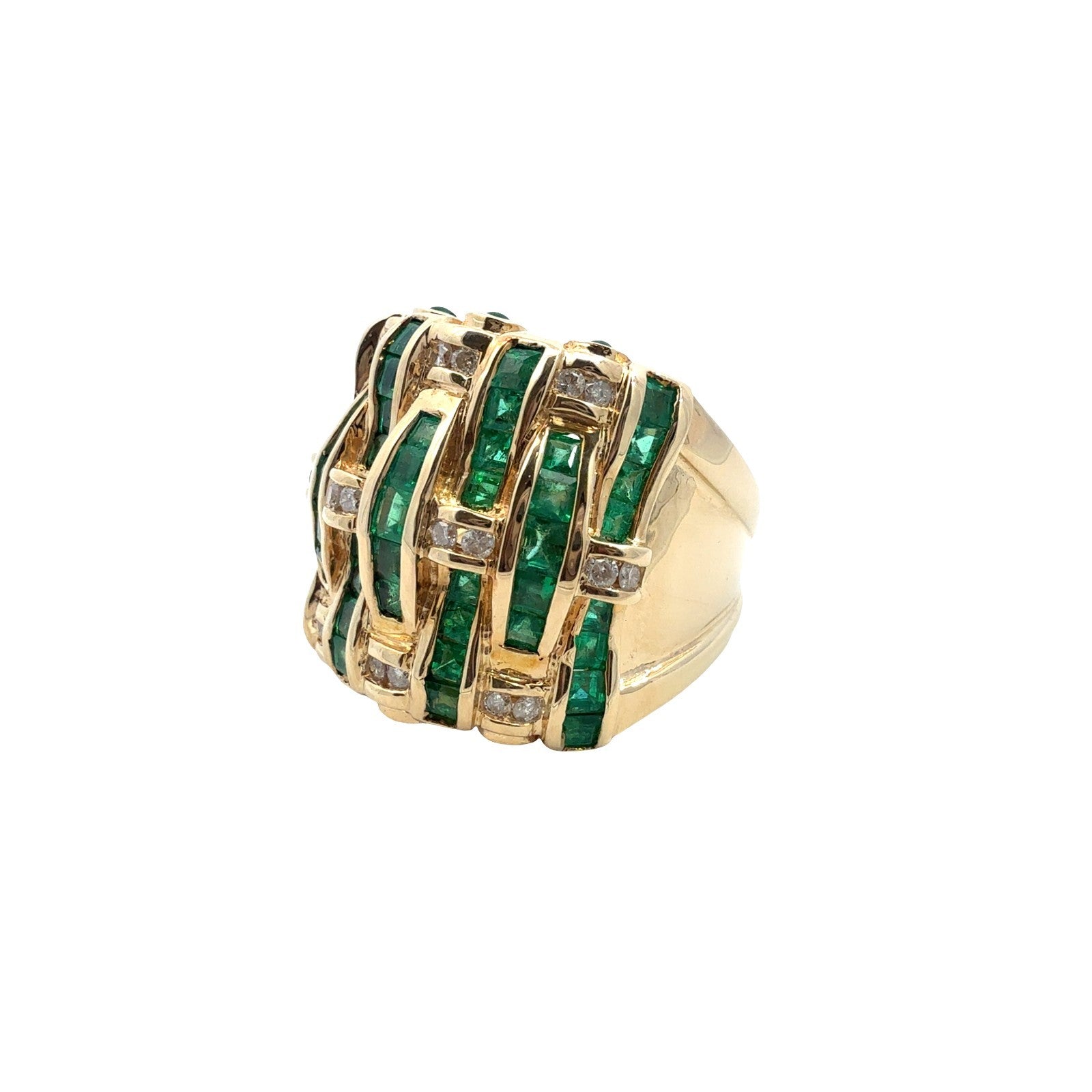 Vintage 14k Yellow Gold 0.30cttw Diamond 1.70cttw Emerald Woven Cocktail Ring0