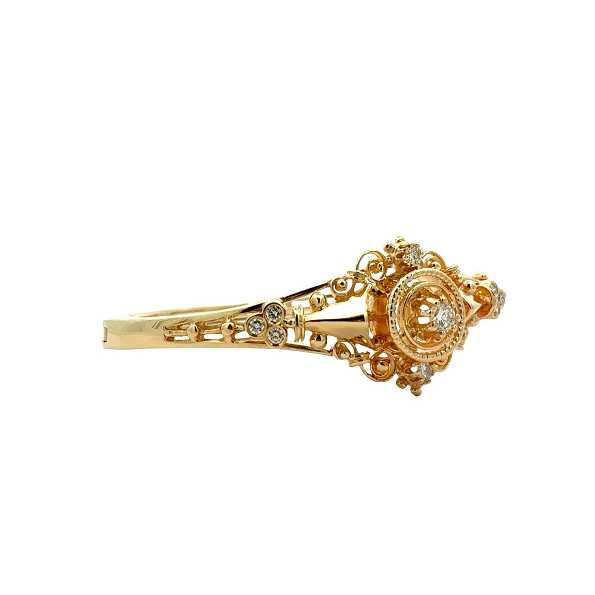 Vintage 13k Yellow Gold and 0.45cttw Diamond Filigree Hinged Bangle Bracelet1