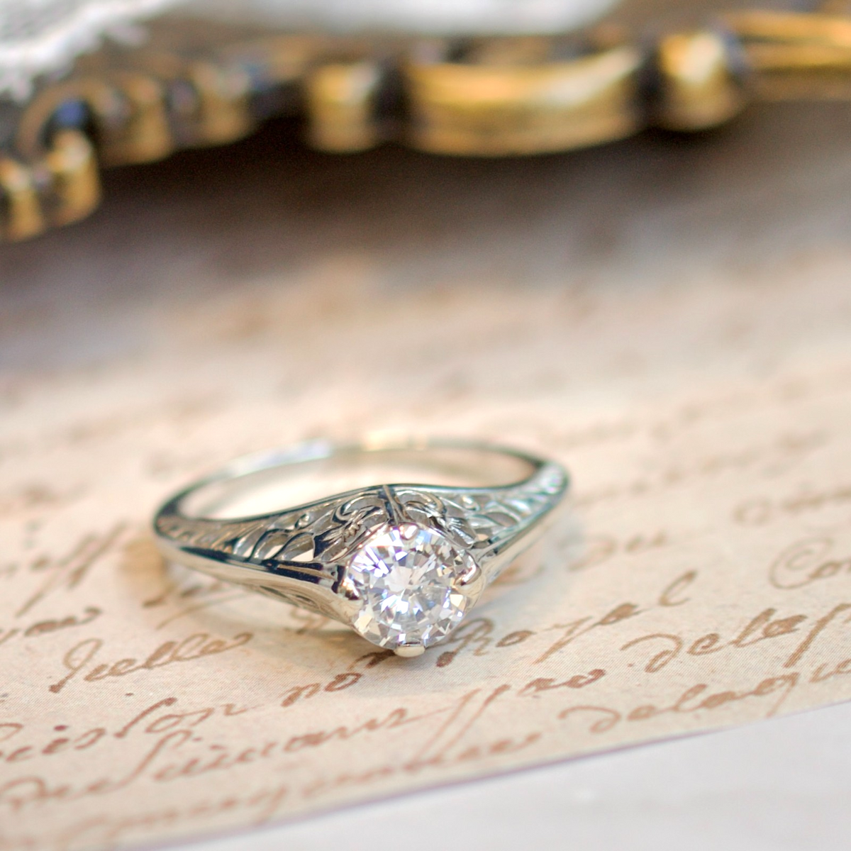 Vintage 18k White Gold 0.77tcw Diamond Solitaire Filigree Engagement Ring0
