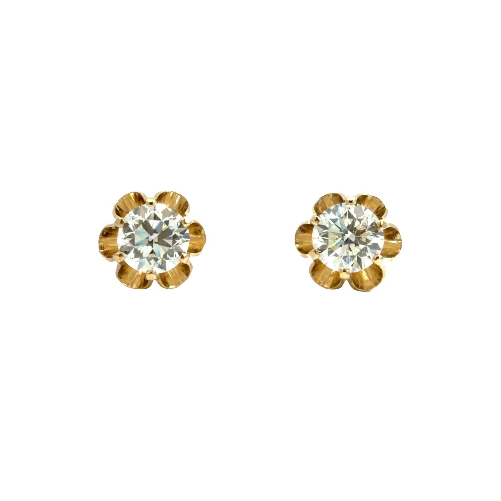 Vintage 14k Yellow Gold Buttercup Set 0.83cttw Round Diamond Stud Earrings0