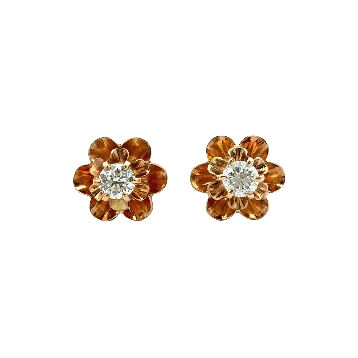 Vintage 14k Yellow Gold and 0.31cttw Diamond Floral Buttercup Stud Earrings0