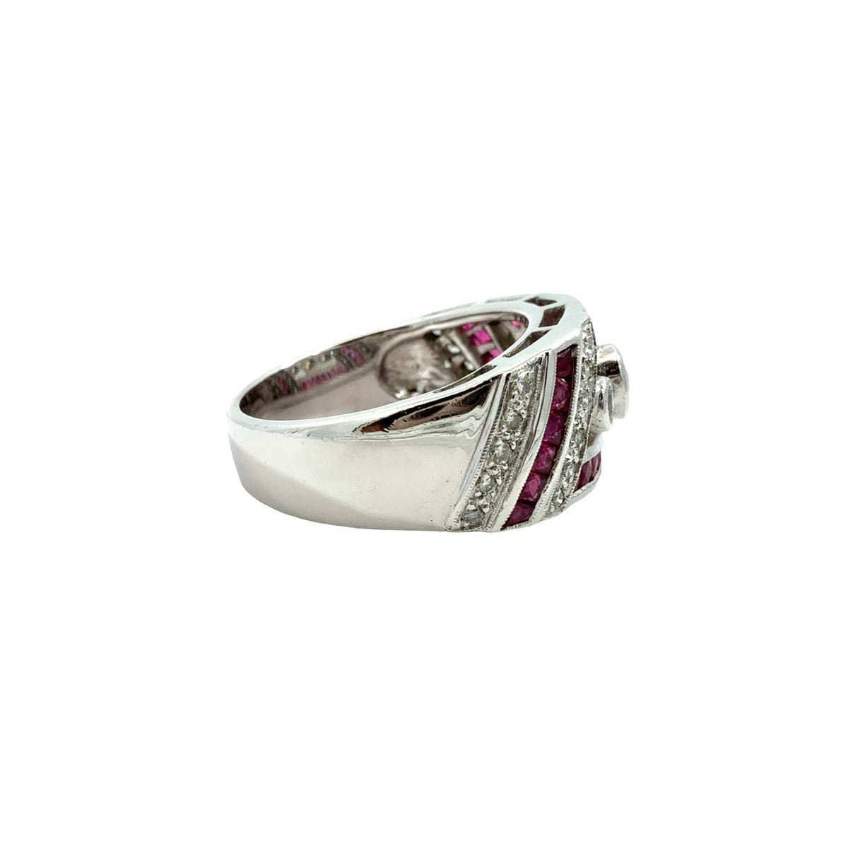 18k White Gold Art Deco Style 0.37cttw Diamond & 0.54cttw Ruby Ring Size 72
