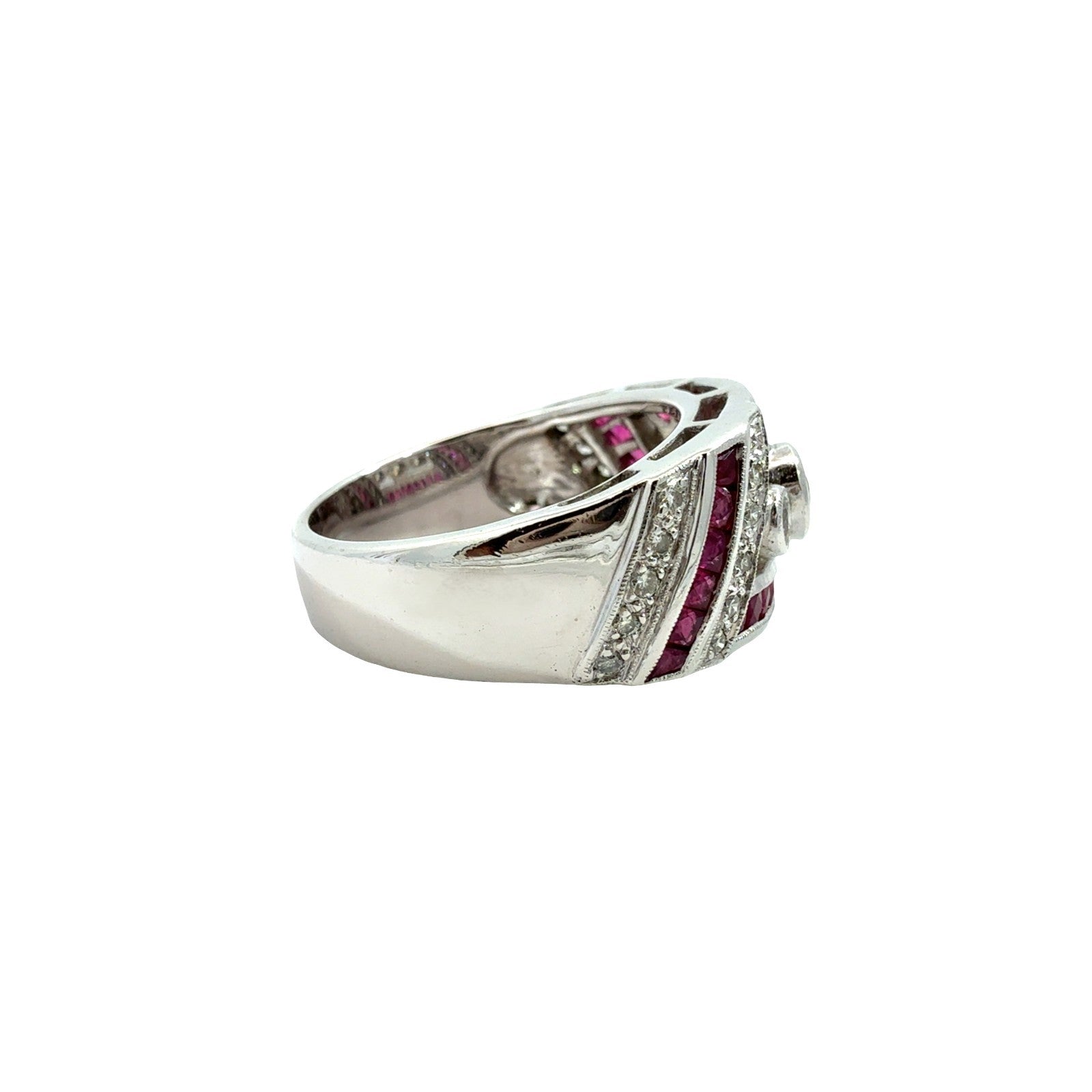 18k White Gold Art Deco Style 0.37cttw Diamond & 0.54cttw Ruby Ring Size 72