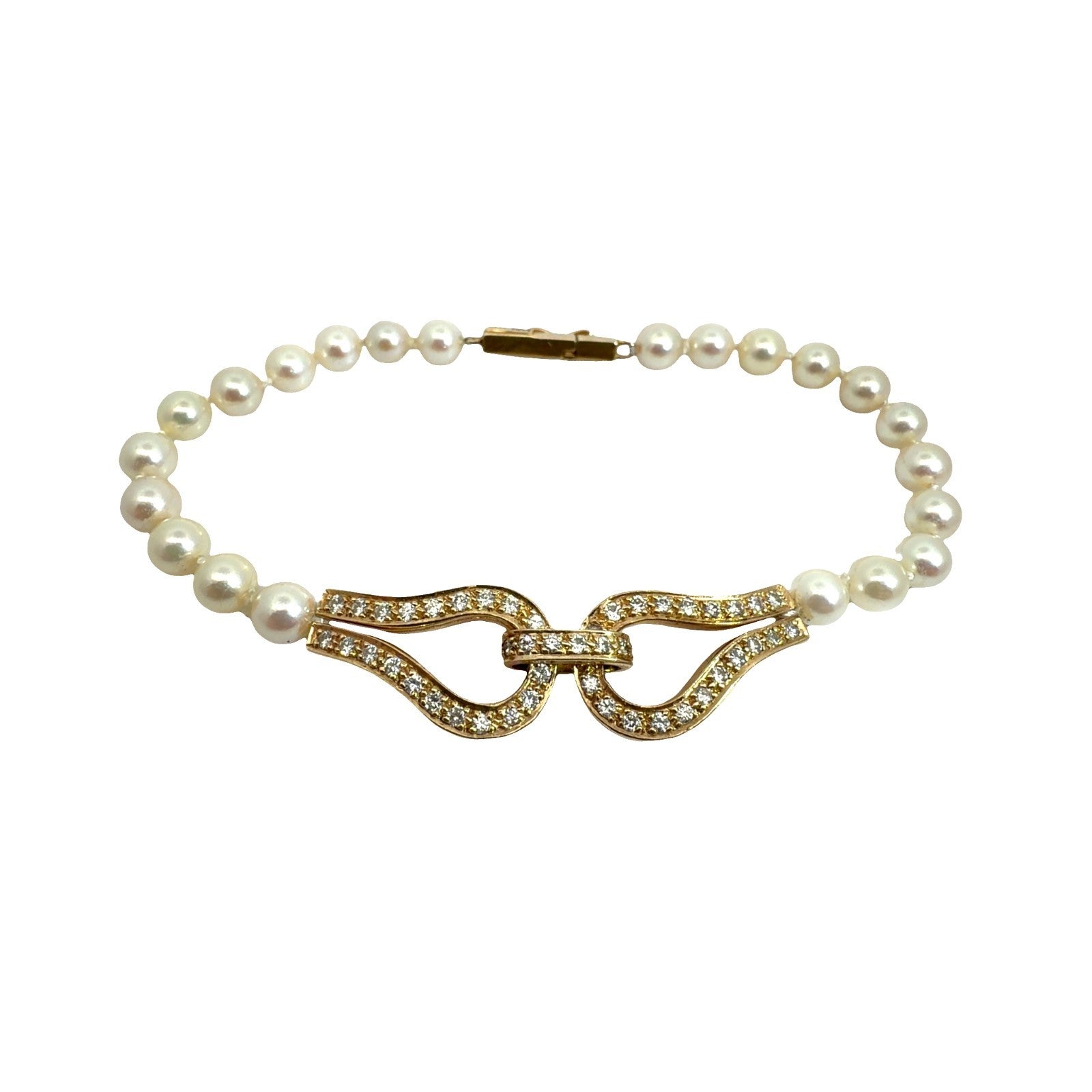 14k Yellow Gold 0.72ctw Diamond and Pearl Horseshoe Clasp Bracelet 7.5"1