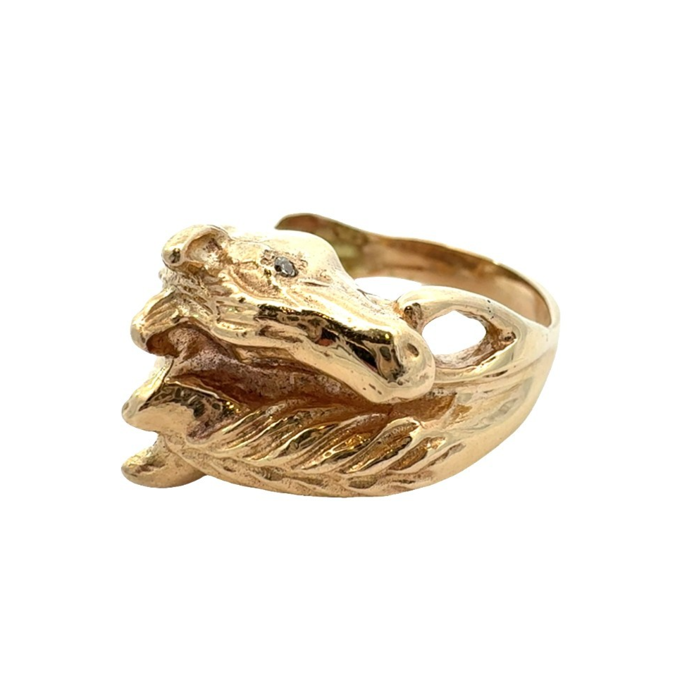 Vintage 10k Yellow Gold and Diamond Horse Ring Size 100