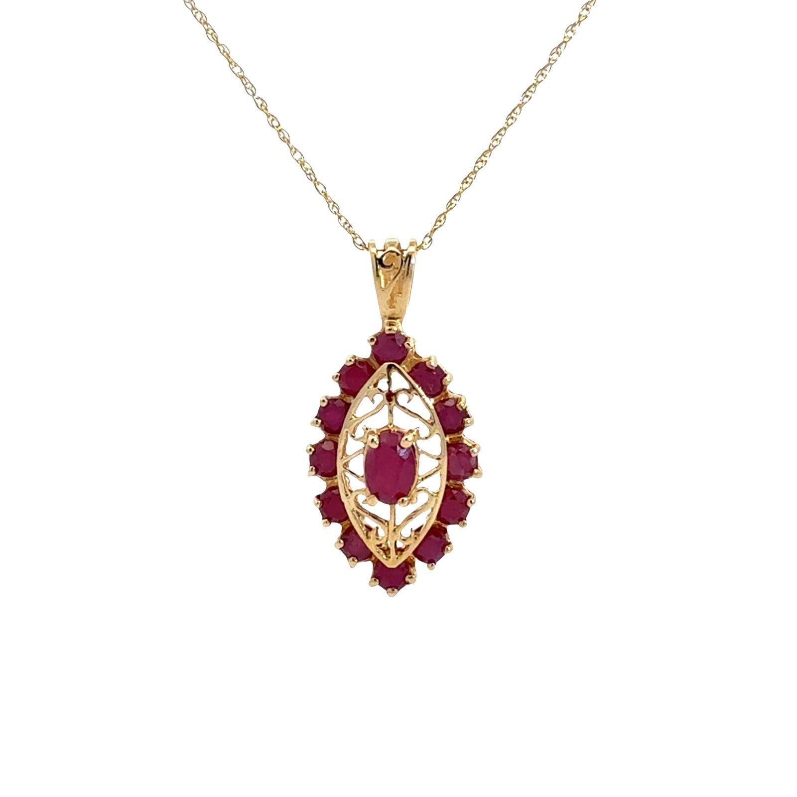 Vintage 14k Yellow Gold 1.83cttw Ruby Openwork Pendant Necklace 18" 1