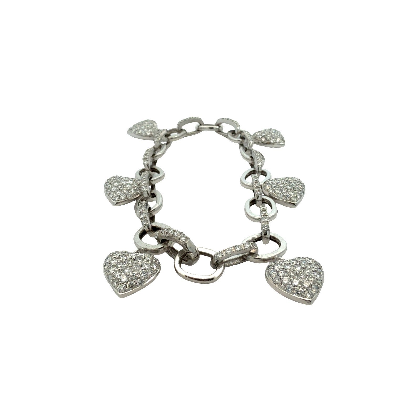 14k White Gold 5.54ctw Diamond Heart Charm Chain Bracelet 8"3