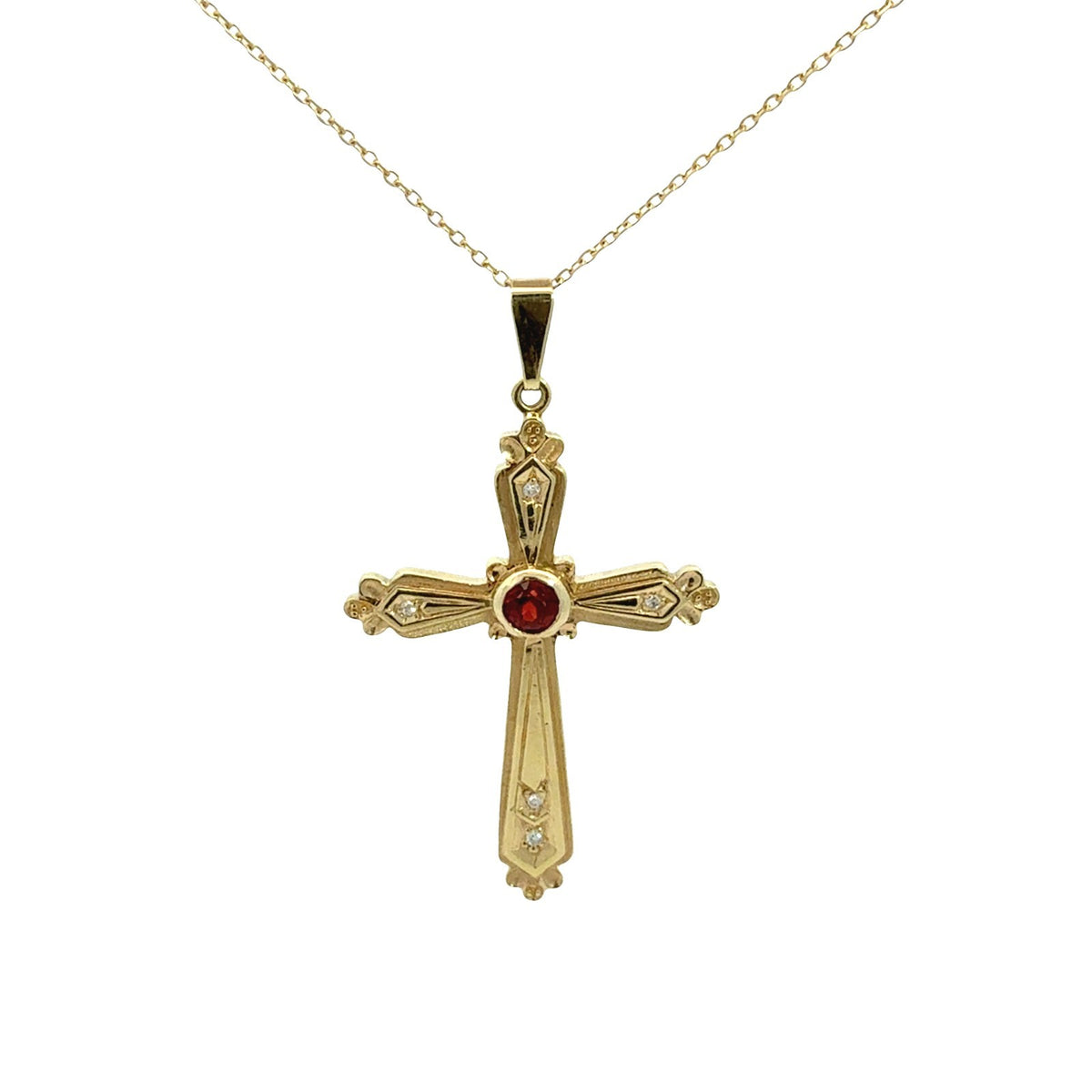 14k Yellow Gold 0.22tcw Garnet and 0.03cttw Diamond Cross Pendant Necklace0