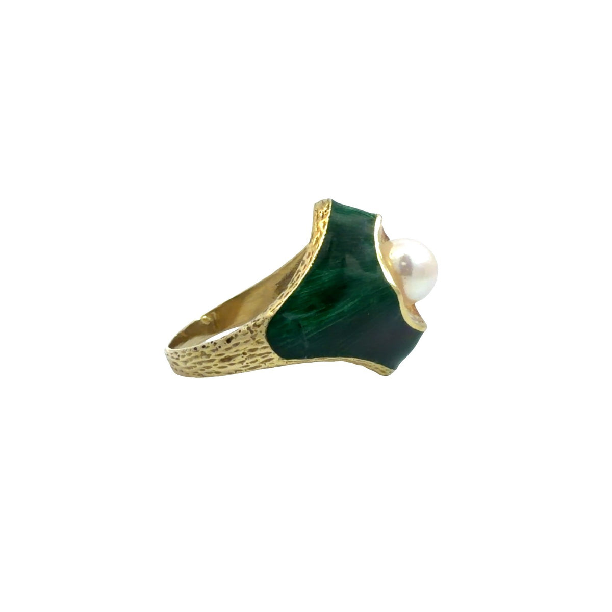 Vintage 18k Yellow Gold Green Enamel & Pearl Cocktail Ring Size 7.753