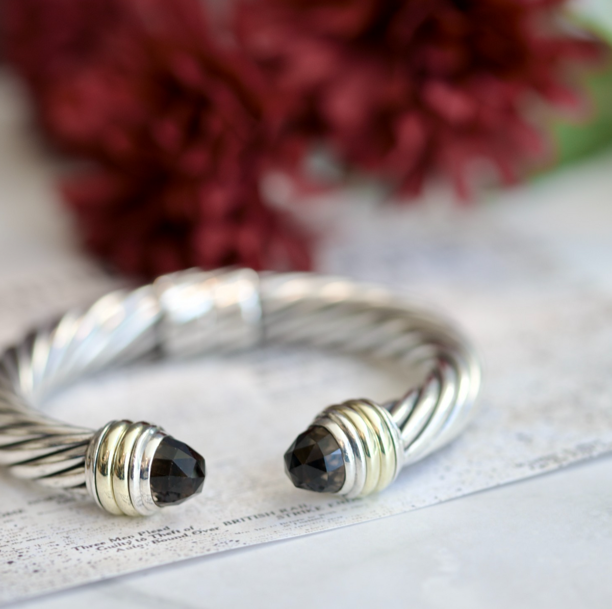 David Yurman Sterling Silver Two-Tone Smoky Quartz Hinged Cable Bangle0