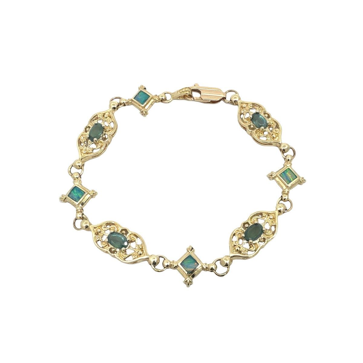 Vintage 14k Yellow Gold 1.85cttw Chrysoberyl and Opal Filigree Link Bracelet1