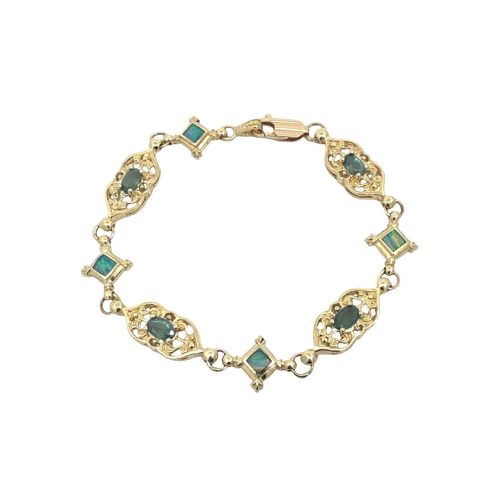 Vintage 14k Yellow Gold 1.85cttw Chrysoberyl and Opal Filigree Link Bracelet0