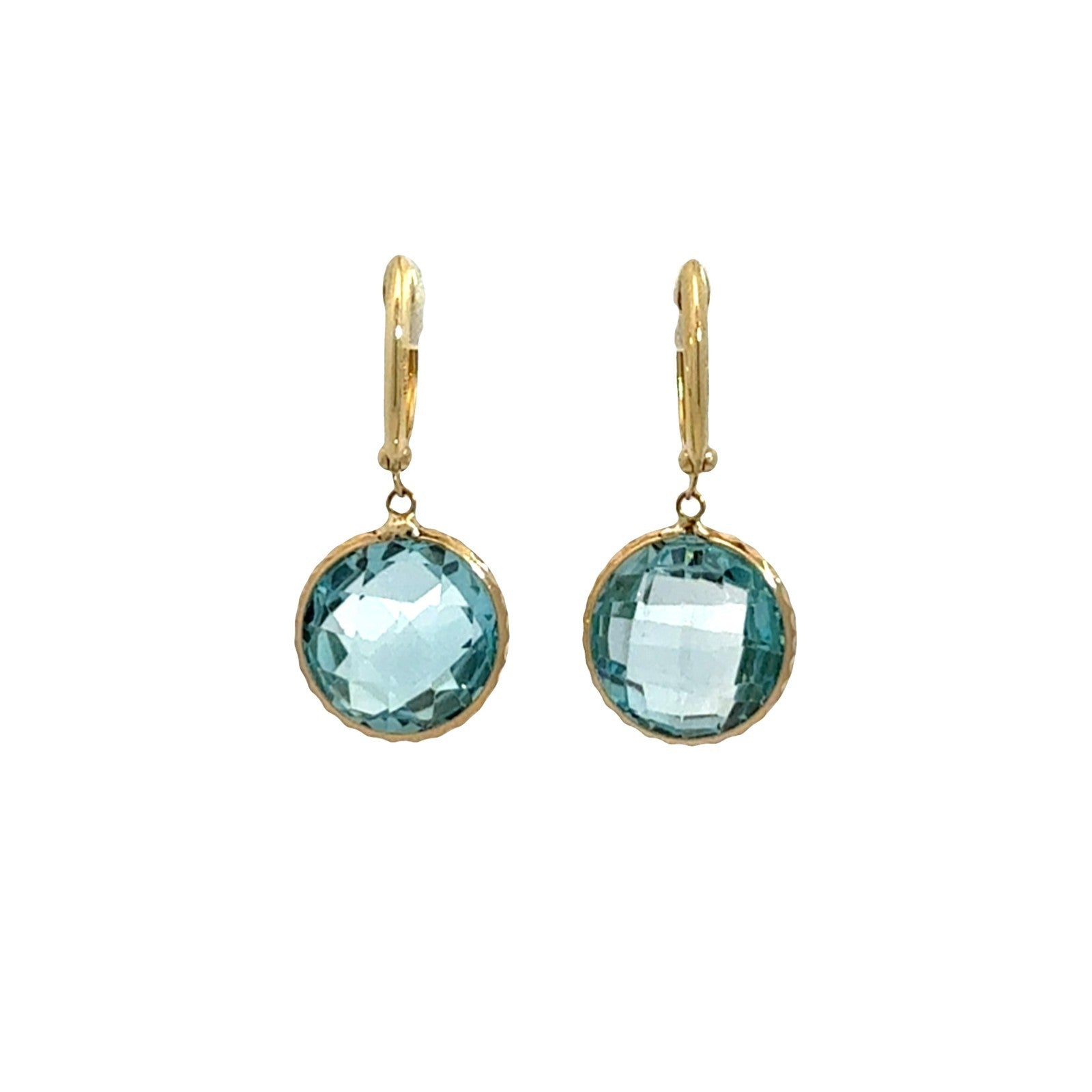 14k Yellow Gold and Round Blue Topaz Drop Earrings0