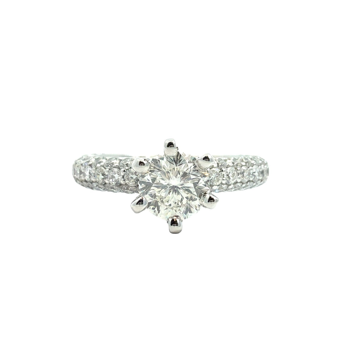 14k White Gold 1.99cttw(0.71tcw) Round Diamond Pavé Band Engagement Ring0