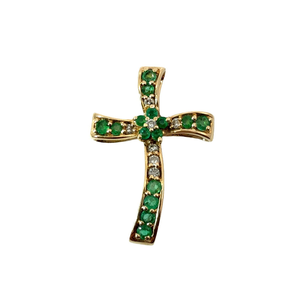 14k Yellow Gold Cross Pendant with 0.23ctw Emerald and 0.11ctw Diamond0
