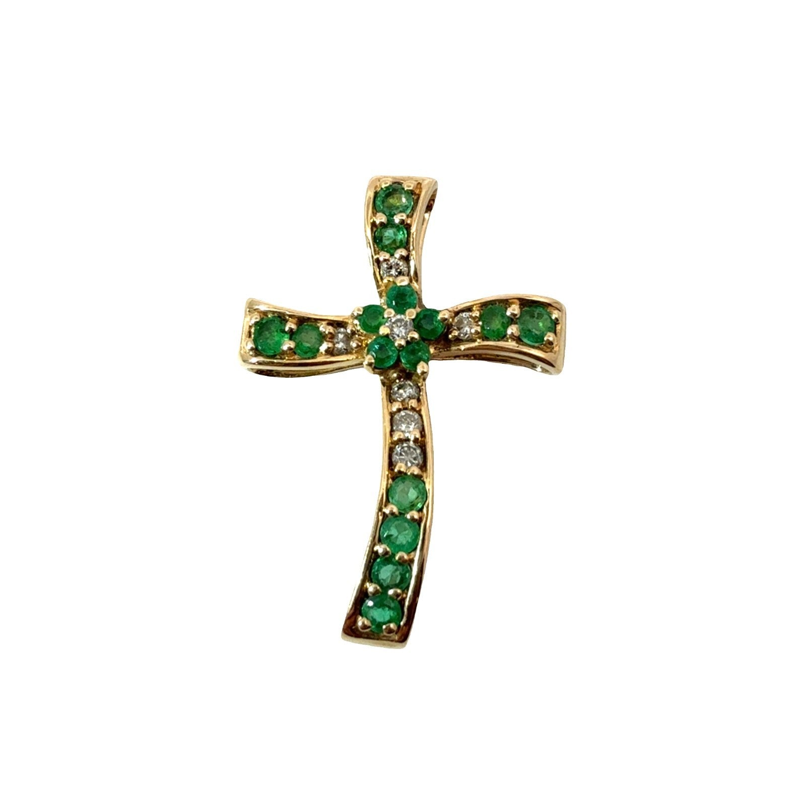 14k Yellow Gold Cross Pendant with 0.23ctw Emerald and 0.11ctw Diamond0