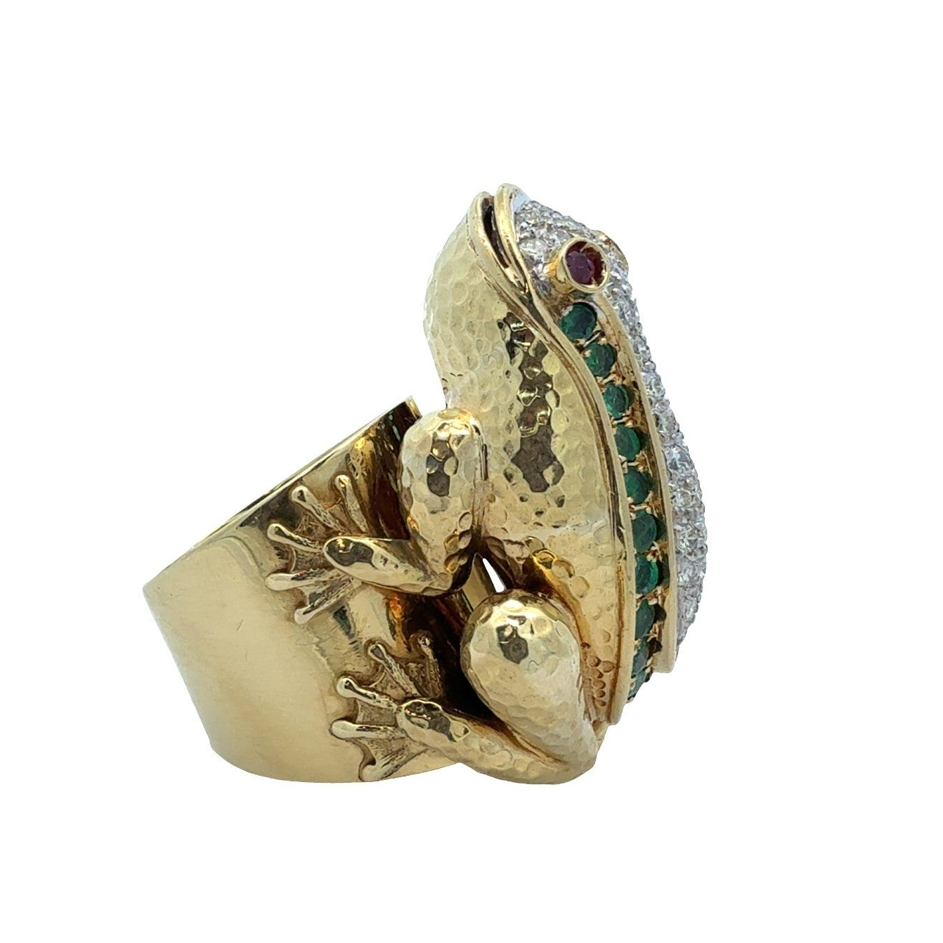 18k Yellow Gold 0.68ctw Diamond 0.75ctw Emerald 0.10ctw Ruby Frog Cocktail Ring0