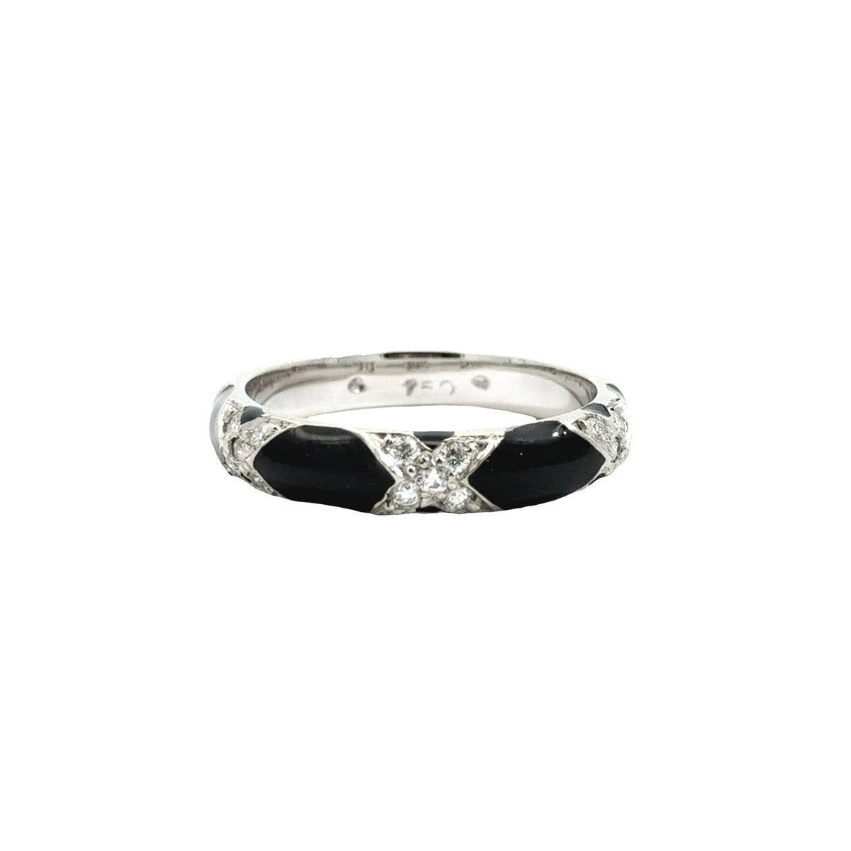 18k White Gold Black Enamel and 0.17cttw Diamond X-Motif Band Ring0